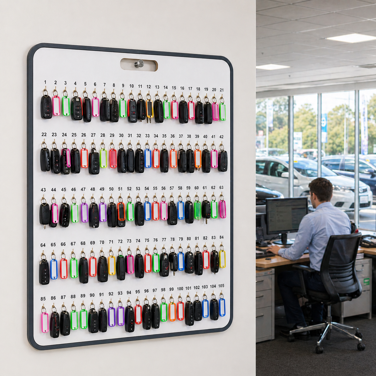 wall mounted 105 hook key hanging board with car keys in Australian dealership office