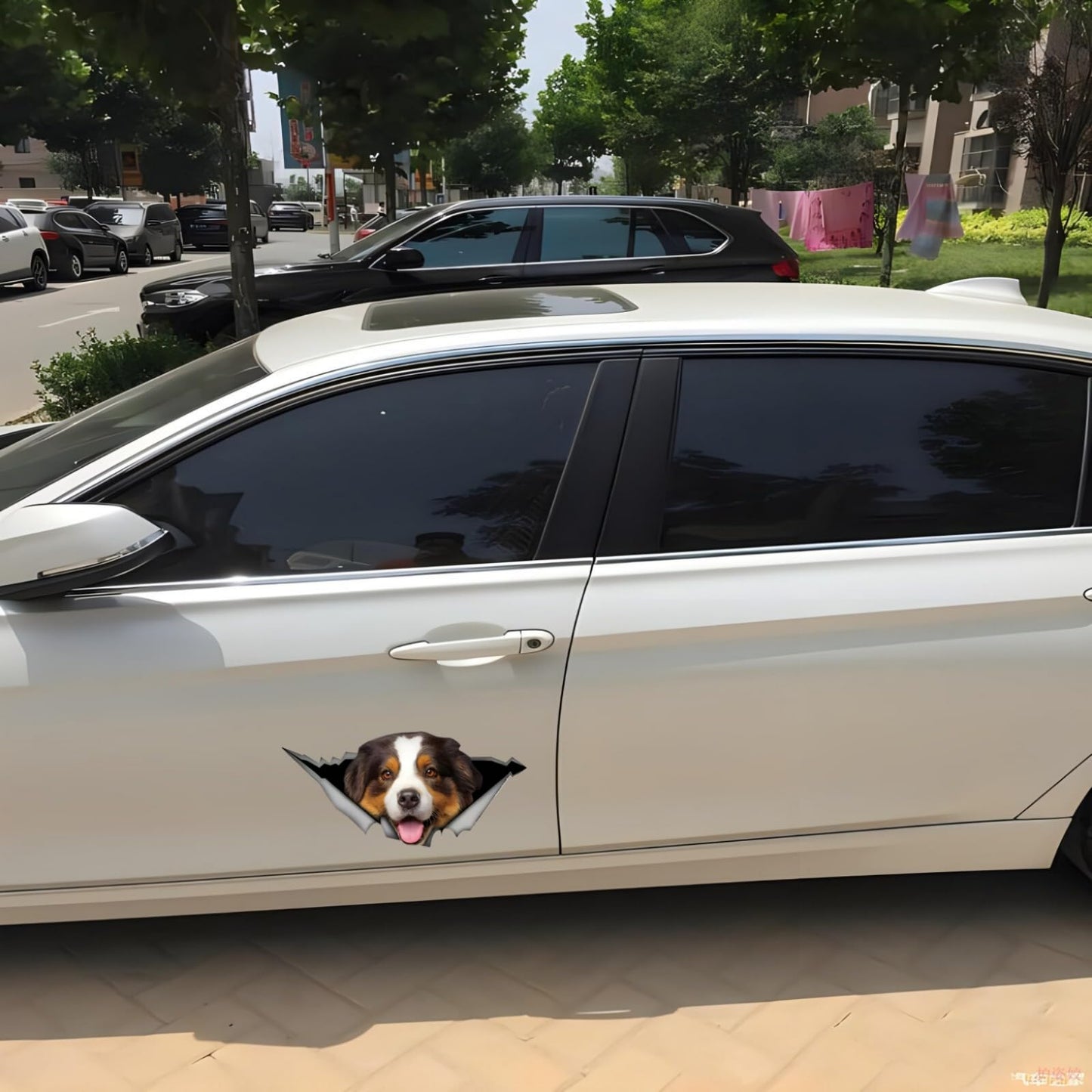 2PCS Car Sticker Brown Australian Shepherd 3D Ripped Sticke, Funny Bumper/ Car Window Waterproof Decor