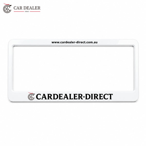 White custom number plate frame with dealership logo