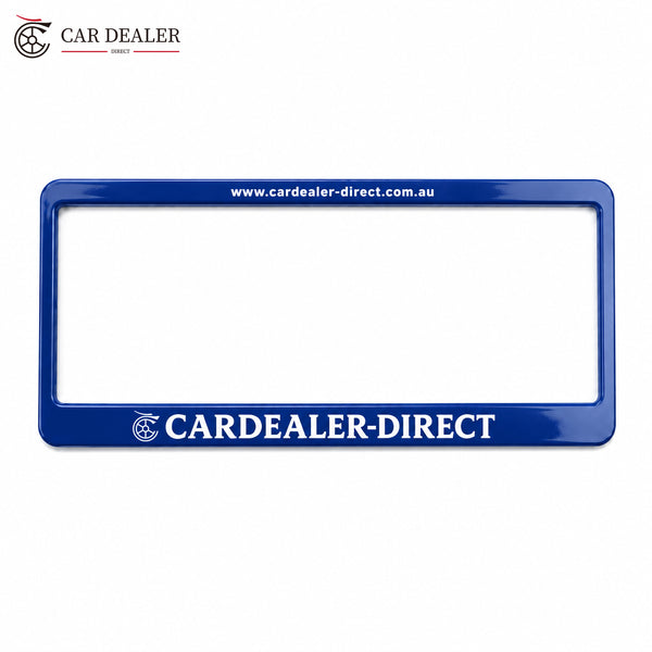 Blue custom number plate frame for car dealer branding
