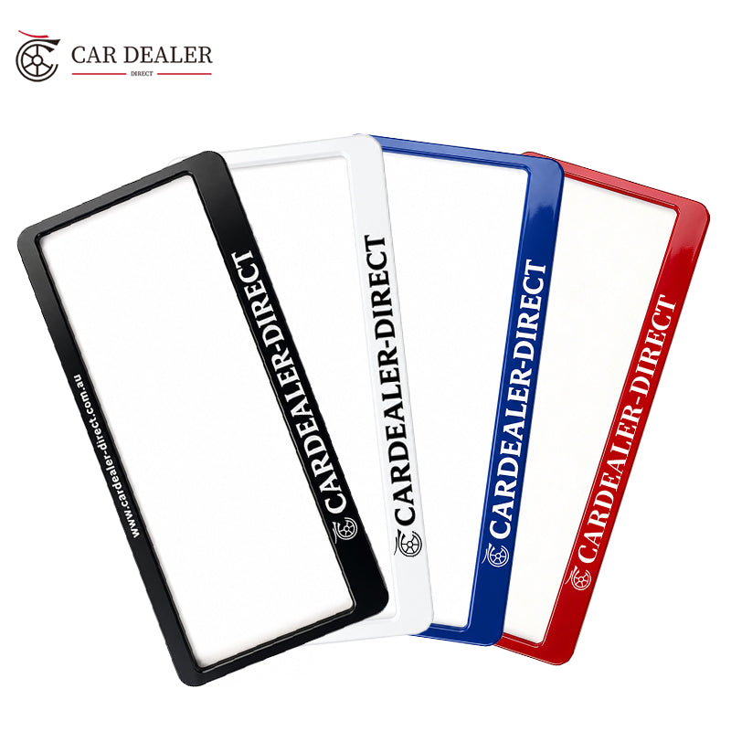 Custom number plate frames in black white red and blue for Australian car dealerships